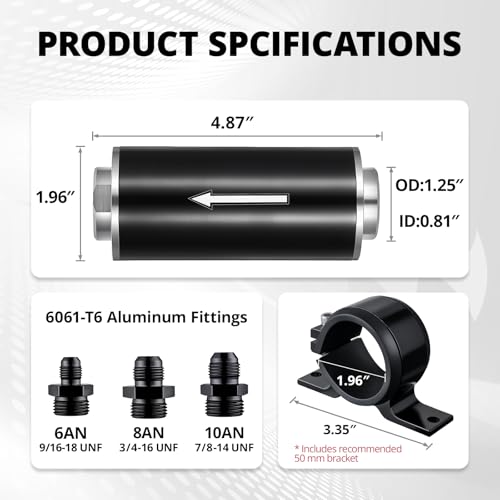 EVIL ENERGY 100 Micron Inline Fuel Filter – 6AN 8AN 10AN Adapters with 50MM Mounting Bracket - Image 5