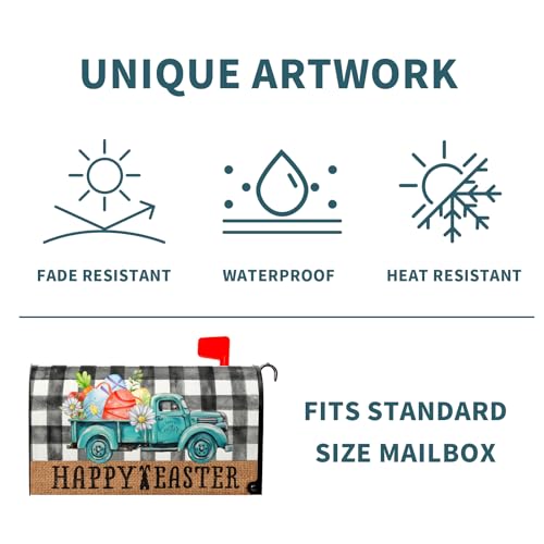 Image of Happy Easter Buffalo Plaid Truck Eggs Mailbox Cover - Standard Size 18 X 21 Inch Spring Holiday Mailbox Wrap Post Letter Box Decorative for Home Outdoor Garden