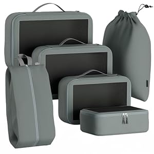 Extra Deep Packing Cubes for Suitcases – 6PCS Suitcase Organiser Bags Set (XL, L, M, S, Shoe Bag, Laundry Bag) – Durable Nylon Ripstop Fabric – Holiday Travel Essentials (Grey)
