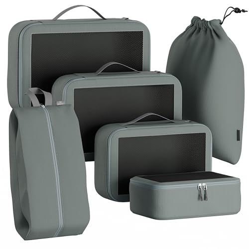 Extra Deep Packing Cubes for Suitcases - 6PCS Suitcase Organiser Bags Set (XL, L, M, S, Shoe Bag, Laundry Bag) - Durable Nylon Ripstop Fabric - Holiday Travel Essentials (Grey)