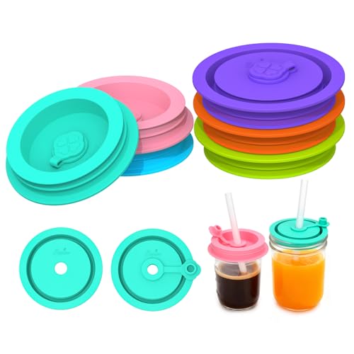 SOPHICO Silicone Replacement Lids Fit Ball, Kerr Regular & Wide Mouth, Mason Jar Covers with Straw Hole & Stopper Plug, Dual-sided Design, Airtight Seal - Straw & Glass Not Included (Mix1, 6 Pack)