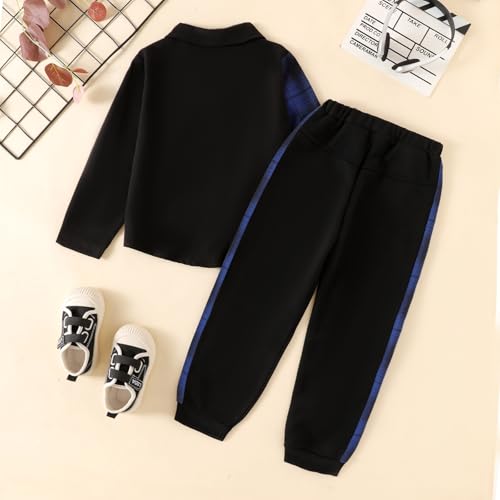 Image of Boy Clothes Fall Winter Outfits Long Sleeve Plaid Patchwork Button Down Shirt + Casual Pocket Sweatpants 5-14 Years