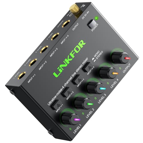 LiNKFOR 4 Kanal Stereo Audio Mixer, Ultra Niedriges Rauschen, Unabhängige Lautstärkeregelung, DC 5V Type-C Mini-Audiomischer mit Netzteil Audiokabel für Mikrofone, Gitarren, Bässe, Keyboards