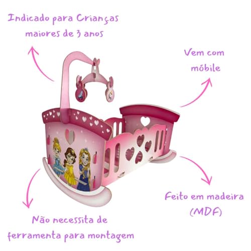 Berço Balanço Princesas Com Móbile Para Bonecas Em Madeira Brincadeira De Criança +3 Anos