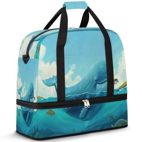 Travel Duffel Bag with Shoe Compartment, Whale Fishes Shoulder Weekender Bags for Women, Foldable Waterproof Travel Bag Carry on Bag