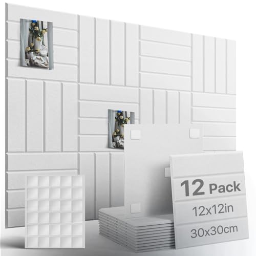 Woovio Corcho Pared Autoadhesivo 120x90 cm, Tablero de Corcho Decorativo para el Hogar la Escuela la Oficina,12 Tablones con 60 Almohadillas Adhesivas de Doble Cara (Blanco)