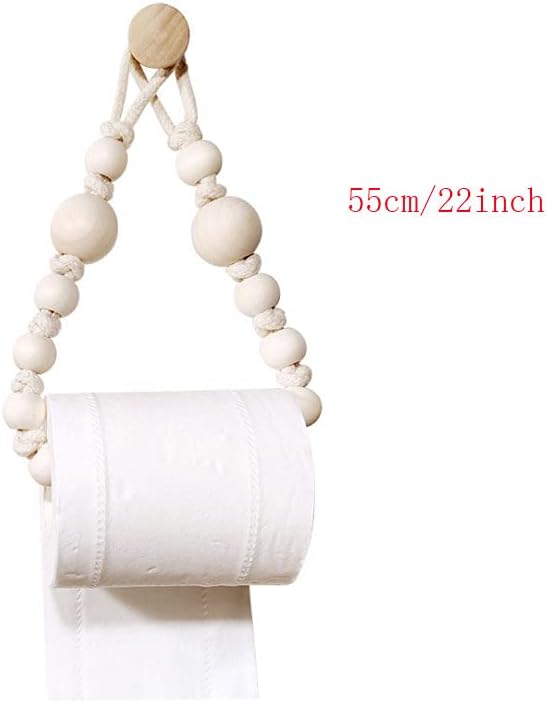 Rope Toilet Paper Holder, Wood Bead Hemp Rope Towel Holder, 2 Pcs Wall Mount Boho Toilet Tissue Holder No-Drill Bathroom Towel Holder