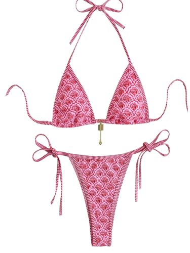 GORGLITTER Bikini Damen Set Triangel Bikini Mit Blumen Neckholder Bikini Set Boho Bikini Zweiteiler Badeanzug Bademode Blumen- Rosa M-5