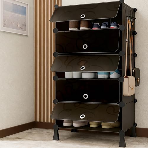 Image of Zemic Multipurpose Modular Plastic Shoe Rack for Home with Door | 𝟓 𝐒𝐡𝐞𝐥𝐟 Stackable Organizer | Waterproof & Dustproof | Space Saving Storage for Home, Bedroom & Entryway【Black, 4-Legs-5-Shelf】