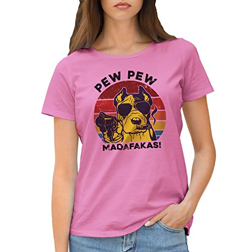 Retro Pew Pew Dog Lovers Madafakas with Gun Pistol Vintage Damen Rose T-Shirt Size S