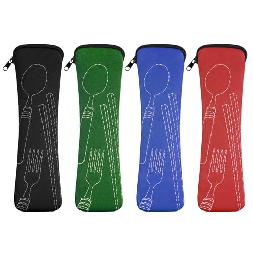 Vicloon Sac à Couverts, 4 Pièces Boite a Couvert Portable avec éclair, Sac de Rangement Couverts pour Voyage Camping école Déjeuner (Noir et Bleu et Rouge et Vert)