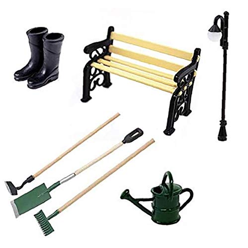 NaisiCore Puppenhaus-Zubehör-Set Mini Simulation Bench Lampe Gießkanne Schuhe Farm Werkzeuge für die Dekoration