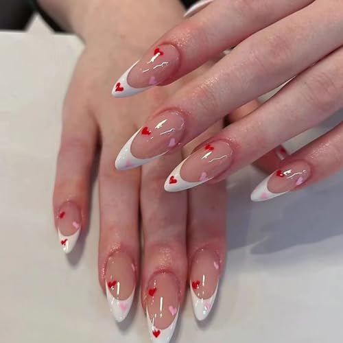 24Pcs Heart Press on Nails Almond Valentines Fake Nails Medium Fr...
