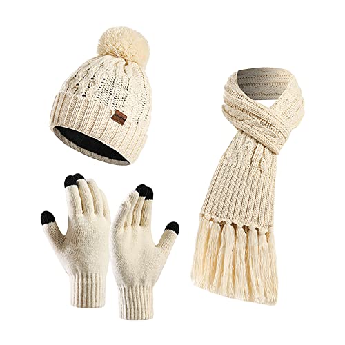 Conjunto de luvas femininas pompom gorro cachecol tela sensível ao toque colorido inverno grosso mal