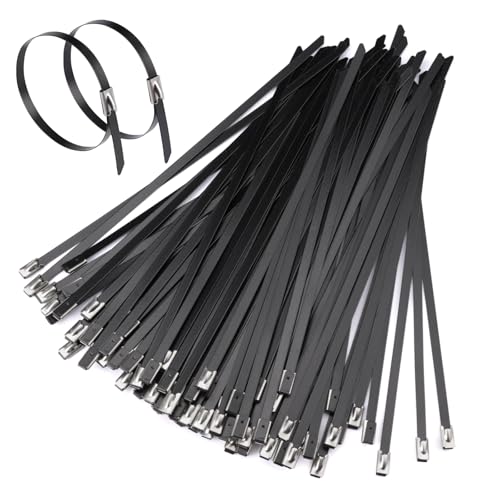 50 Bridas Metalicas Negras Inoxidables con Capa de Protección, Metal Cable Ties Zip Ties Bloqueo Automático, Protección UV para Fijación de Cinta Anticalorica