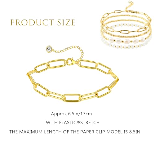 Gold Pearl Crystal Beaded Bracelets Set for Women, 14K Real Gold Pearl Beads, Stake Paperclip Link Chain Bracelets, Women's Jewelry2