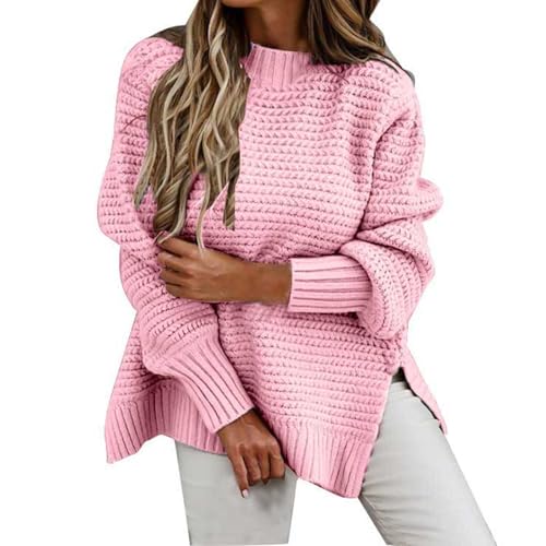 Women Half Turtleneck Sweater Side Slit Oversized Chunky Knit Long