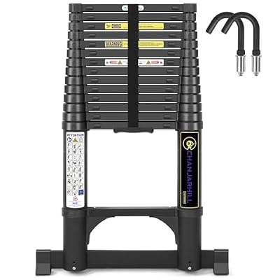 Telescoping Ladder, 14.5 FT Aluminum Lightweight Extension Ladder with Triangle Stabilizers and Hook, Heavy Duty 330lbs Max Capacity, Multi-Purpose Collapsible Ladder for Home Indoor and Outdoor Work
