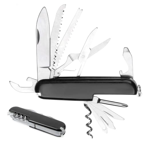 JAWUZ Navaja de bolsillo plegable de 9 x 2,4 x 1,4 cm, navaja suiza, navaja multiusos para acampar, mini navaja con 11 funciones (Negra)