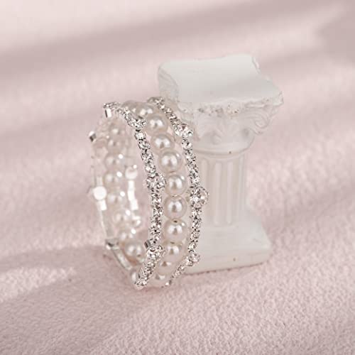 Yertter 3-Row Wedding 1920S Silver Pearl Wrap Cuff Bangle Pearl Crystal Rhinestone Stretch Bangle Bracelet Gift For Women Girls (Style E -Silver) #TOP3