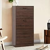 KUMIUNION Brown Shoe Cabinet for Entryway with 3 Flip Doors & Adjustable Shelf, Narrow Shoe Storage