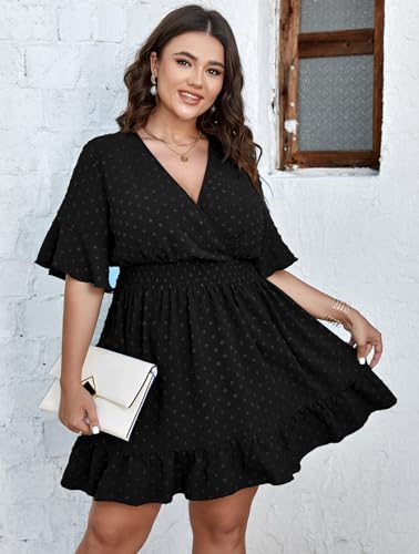 SCOMCHIC Plus Size Casual Summer Dress for Women Swiss Dot Wrap V Neck Ruffle Sleeve Smock Boho Mini Dress4