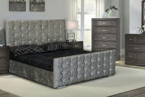 sleepkings Double/Kingsize Cubed Upholstered Crushed Velvet Bed Frame storage in Silver & Black colour Sleep Well For Less (4ft6 Double, Silver Crushed Velvet)