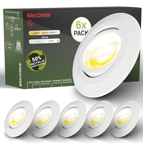 BRILONER - 6er Set LED Einbaustrahler 230V Gehäuse 50% recycelt, Schwenkbar, Ra90, Farbtemperaturwechsel, LED Spot, flach, Deckenspots, Einbauleuchten, 68mm Lochmass, 90x24mm (DxH), Weiß