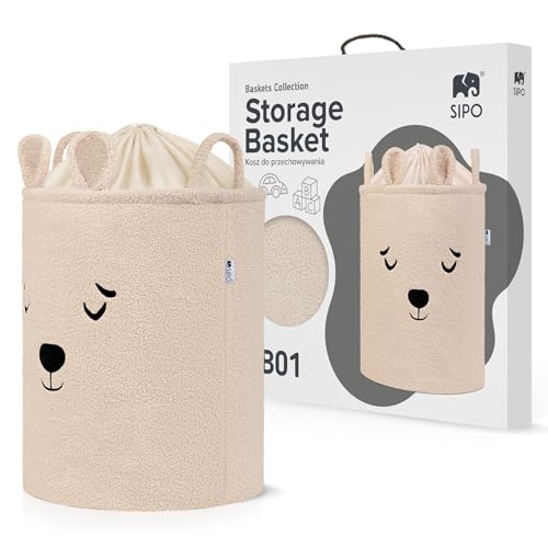 SIPO Organizer Do Przechowywania Zabawek XL Pojemny Kosz na Zabawki Motyw Zwierzęcy Beżowy Miś Dla Dzieci Do Pokoju Dziecięcego Premium Boucle Pluszowy Zamykany Ściągaczem 43L