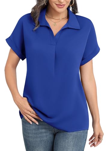 Askyes Plus Size Drop Short Sleeve for Women Blouses Summer V Neck Chiffon Dressy Casual Work Tops Shirts Royal Blue 2XL — view 2