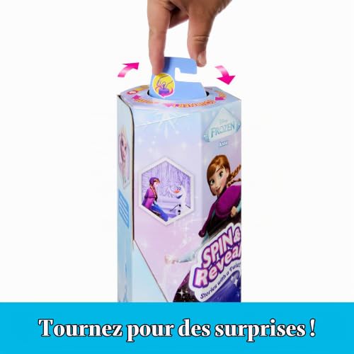 Mattel Disney Poupée Surprise Anna Spin & Reveal La Reine des Neiges avec 11 surprises, dont 5 accessoires, 5 autocollants et une scène de jeu, jouet inspiré du film Disney, JBG60