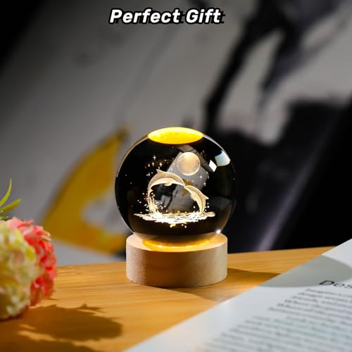Image of Arikyrist 3D Dolphin Crystal Ball Night Light, Glass Dolphin Lamp with Wooden Base, Laser Engraved Glass Sphere Home Decor