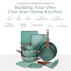 PHANTOM CHEF 18 Piece Cookware Set Non Stick Ceramic Coating Oven Dishwasher Safe PFOA Free Aluminum Pots Pans Set with Lids Stay Cool Handles Induction Stovetop Compatible Green