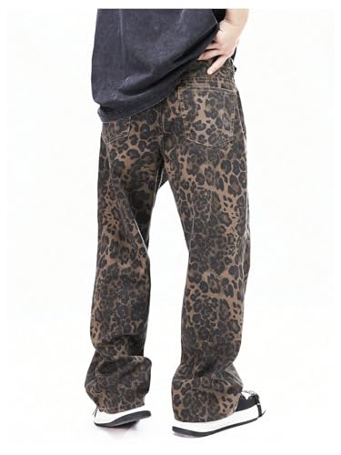 Verdusa Men's Leopard Print Baggy Jeans Grunge Wide Leg Denim Pants with Pockets2