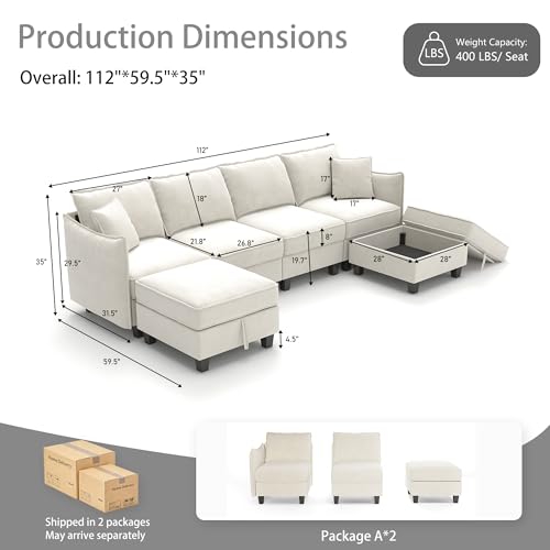 Image of Ihanherry 112 inch Modular U-Shaped Sectional Sofa, Modern 6-Seat Cloud Couch with 2 Storage Ottomans, Comfy Chenille Convertible Furniture Set for Living Room, Apartment, Easy Assembly, Beige