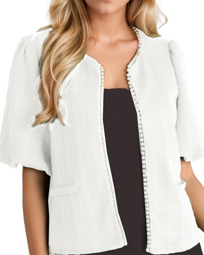 Kedera Puff Short Sleeve Tweed Jacket Women Cropped Jackets Summer Open Front Elegant Trimmed Cardigans with Pearls3