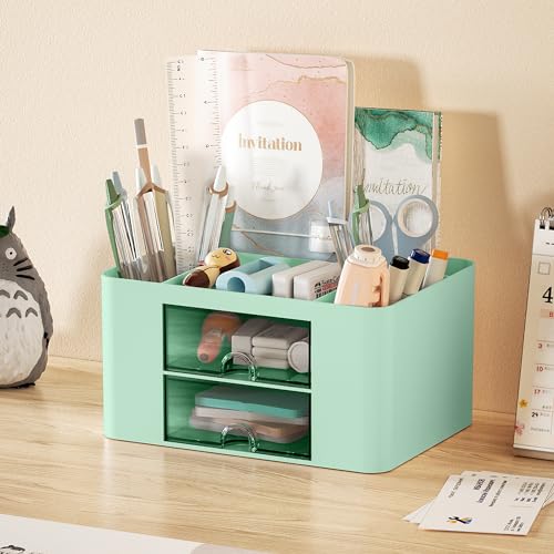 Image of Marbrasse Pen Organizer with 2 Drawer, Multi-Functional Pencil Holder for Desk, Desk Organizers and Accessories with 5 Compartments + Drawer for Office Art Supplies (Green)
