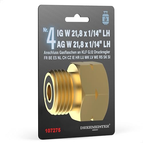 Gasflaschen Adapter Nr.4 Entnahme- IG W 21, 8 x 1/ 14″ LH x KLF G.12 für deutsche Druckregler- Messing- Anschluss ausländischer Gasflaschen FR BE ES NL CH CZ IE HR LU MK LV ME RS SK SI