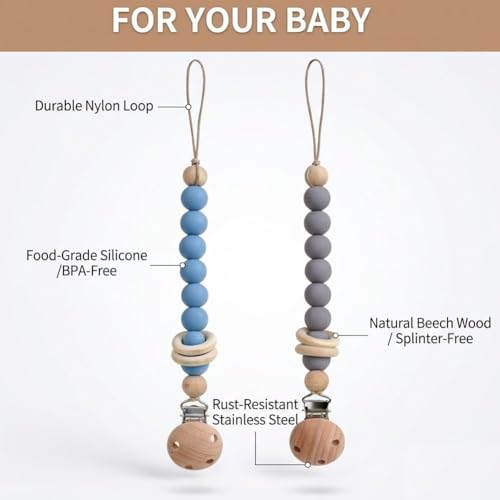 Image of 2Pcs Silicone Pacifier Clip with Natural Wooden Rings, Grey and Blue Pacifier Holder Binky Clips for Baby Boys (Blue)