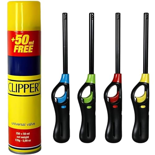 ANGIX 4 x BBQ Lighters with 1 Clipper Gas, Universal Refill Fluid for Lighters, Refillable Safety Gas Fire Lighter for Kitchen, Barbecue, Candles, Camping, Cookers, BBQs & Fireworks (Assorted Colors)