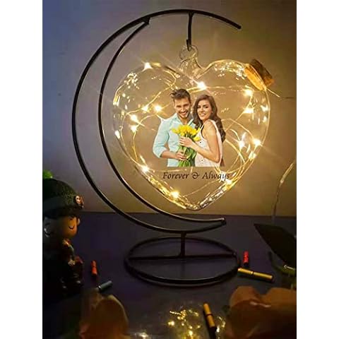 Collienght Personalized Photo Wishing Bottle Lamp Heart Iron Hanging Night Light Glass Decor Gift for Valentine's Day, Christmas, Anniversary, Birthday (Heart Photo Wish Bottle Lamp - Yellow) Cover