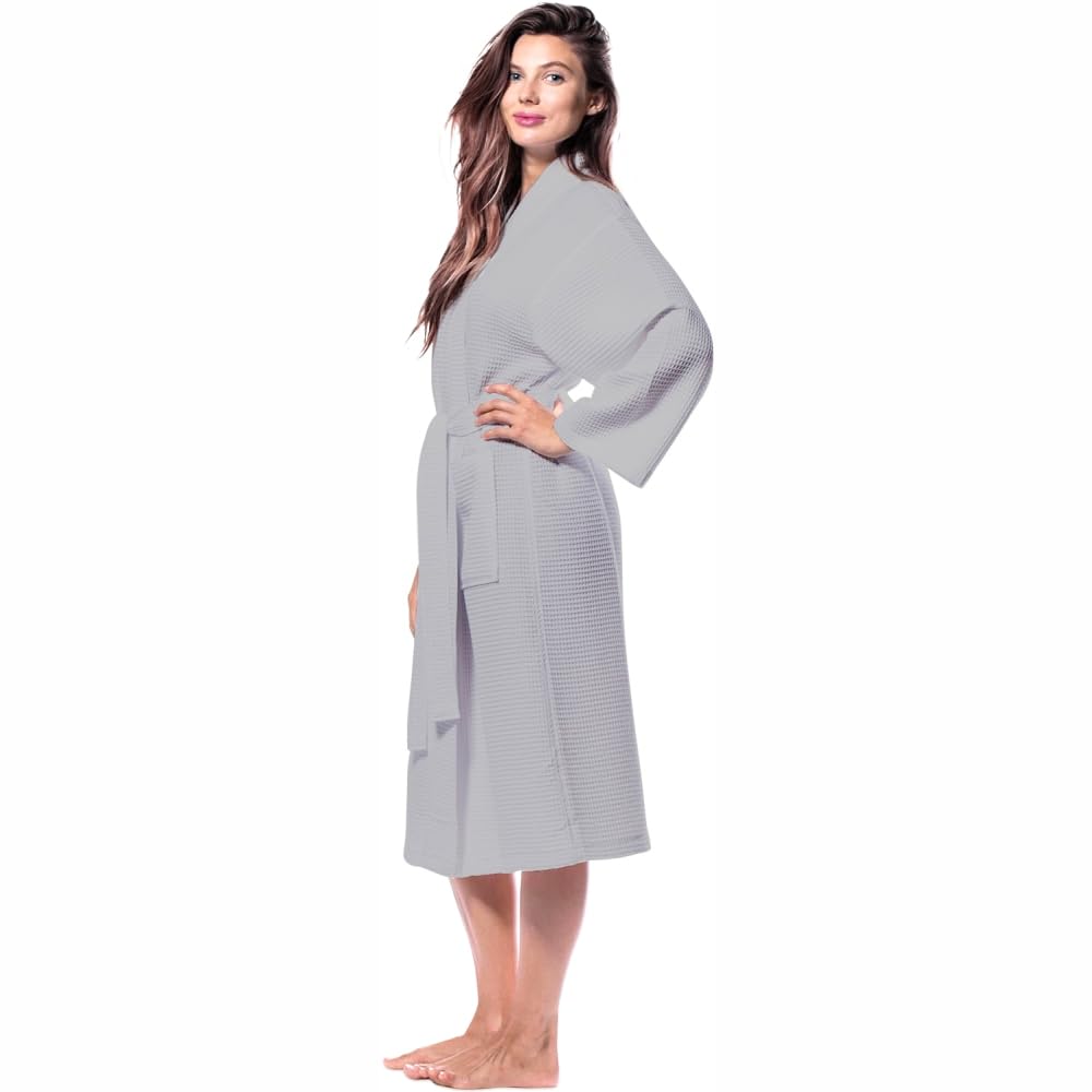 Enchant Home Grey Cotton Waffle Bathrobe for Women and Men, Lightweight Soft Unisex Knee Length Cotton Robe, Premium Comfortable Dressing Gown for Home Loungewear Use and Relaxation Bathrobe 2