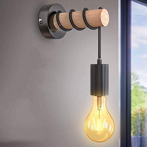 Aplique de pared E27 en madera y hierro negro estilo retro para dormitorio 2