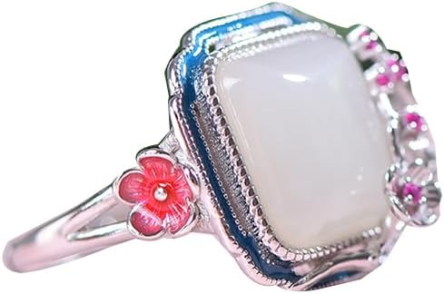 S925 Silver-Inlaid Natural White Jade Square Enamel Plum Blossom Ring Opening Adjustable Including Certificate
