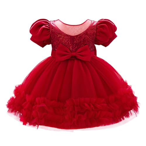 Lito Angels Baby Girls Tulle Flower Girl Dress with Sequins Puff Sleeves Birthday Party Wedding Outfit Fancy Ball Gown Special Occasion, Age 12 Months, Burgundy Red