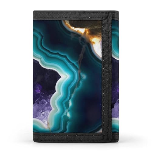 Teal Agate Print Trifold Wallet with ID Window & Key Ring | Slim Front Pocket Wallet with 8 Card Holder