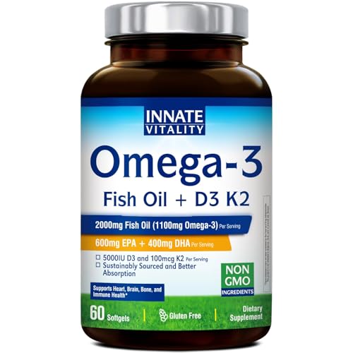 Innate Vitality Omega 3 Fish Oil Supplement 2000mg Fish Oil Per Serving EPA 600mg + DHA 400mg with Vitamins D3 K2 Supports Brain & Heart Health Sustainable & Wild-Caught 60 Softgels