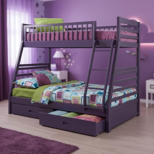 Image of APRODZ Solid Wood Elvira Dark Lilac Purple Twin Over Bunk Bed with Storage