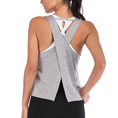 Dream Slim Tie Back Workout Tank For Women Loose Fit Cross Back Strappy Yoga Running Shirts Open Back Athletic Tanks (Gray,S) #TOP2