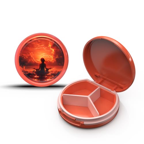 Image of Serfeymi Small Pill Case for Purse, Unique Artistic Patterns Travel Pill Box with 3 Compartments, Portable Mini Pill Organizer for Pocket, Decorative Pill Container for Purse - Orange(Meditate)